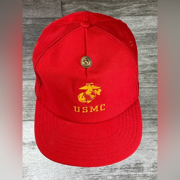 VTG USMC Marines USA Made Adjustable Snap Back Trucker Hat Embroidered Logo Red - Picture 9 of 14